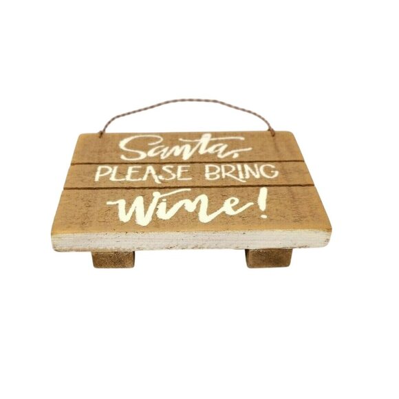Mini Wooden Sign "Santa Please Bring Wine!" Rustic Christmas Decor Wire Hanger - Picture 2 of 3